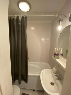 a bathroom with a shower curtain and a sink at Šaulys in Druskininkai