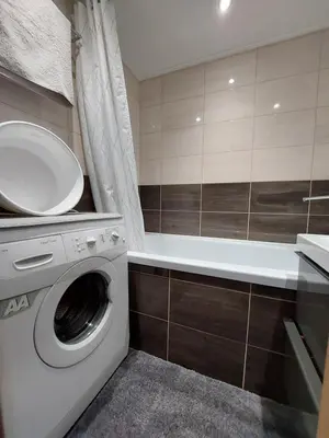 a bathroom with a washing machine and a sink at Patogus poilsis prie ežero/Comfortable rest in Visaginas