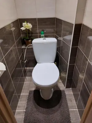 a white toilet in a bathroom with tiled walls at Patogus poilsis prie ežero/Comfortable rest in Visaginas