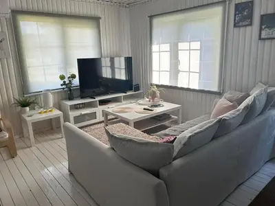 a living room with a couch and a tv at Sodyba ramiam poilsiui in Kaltanėnai