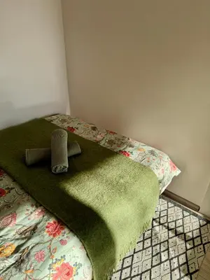a bedroom with a bed with a green blanket on it at Rokiskis- jaukus butas su balkonu in Rokiškis