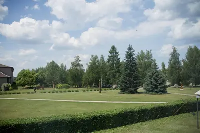 a large grassy field with trees in the background at VESK Veisiejai in Veisiejai