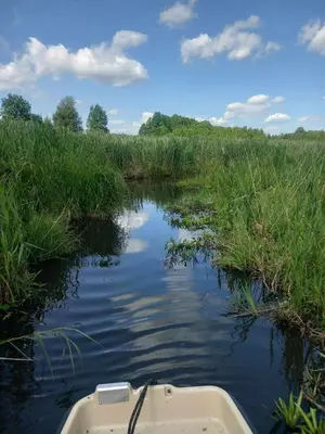 a boat in the middle of a river at Poilsis Dumblio telmologiniame draustinyje in Molėtai