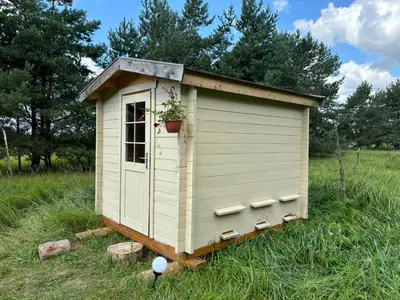 a small shed with a potted plant on it at Bičių namas Bičių lova Bee house in Sargeliai