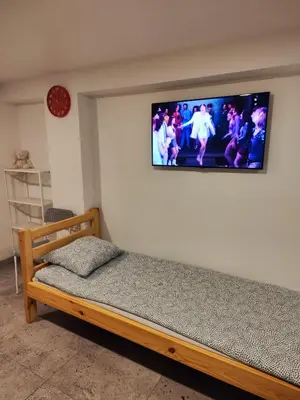 a bedroom with a bed with a television on the wall at Comfort Akacija Hotel in Vilnius