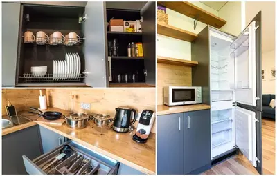 two pictures of a kitchen with a refrigerator and a microwave at Karaliaus apartment in Kaunas