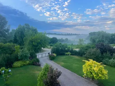 a walkway through a garden with a foggy horizon at Comfortable apartments - Nature, silence, coziness in Kėdainiai