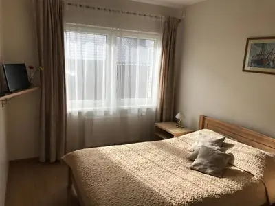 a bedroom with a bed with pillows and a window at Pilaites svetingi namai in Vilnius