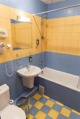 a bathroom with a sink and a toilet and a tub at Inza Guest House in Druskininkai