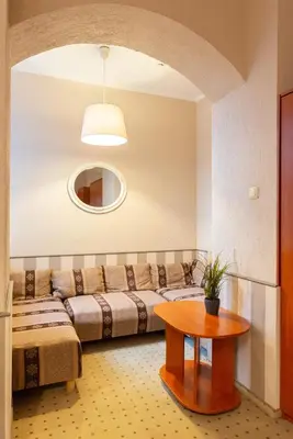 a living room with a couch and a table at Inza Guest House in Druskininkai