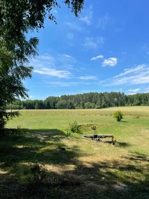 a bench sitting in the middle of a field at Sveikatinimas kaime in Vilkaviškis