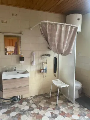 a bathroom with a shower and a sink and a toilet at Sveikatinimas kaime in Vilkaviškis