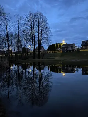 a reflection of trees in the water at night at Gandro lizdas in Lekėčiai
