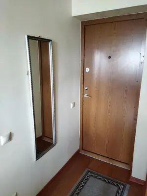 a room with a wooden door and a mirror at Itaja Apartment 91 in Šiauliai