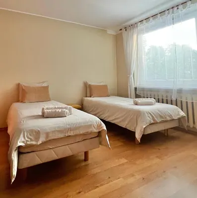 two beds in a room with a window at Lakeview Retreat in Vievis in Vievis