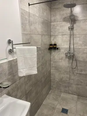 a bathroom with a shower with a toilet and a sink at Petro Apartamentai in Kačerginė