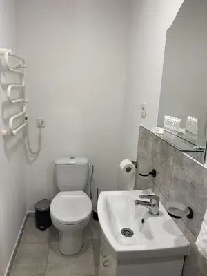 a white bathroom with a toilet and a sink at Petro Apartamentai in Kačerginė