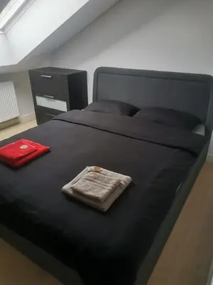 a black bed with a blanket and a red pillow on it at Charming Apartment in Kaunas Old Town with Balcony in Kaunas
