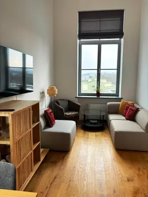 a living room with two couches and a tv at KaunasInn - AM in Kaunas