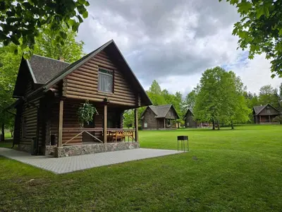 a log cabin in a field of green grass at Hotel resort Sedula in Skogalis