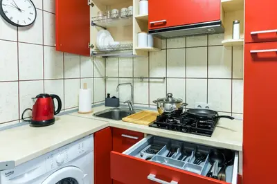 a small kitchen with a stove and a sink at Juozapaviciaus apartment in Kaunas