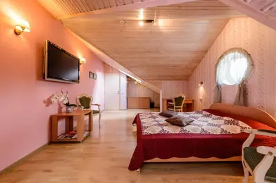 a bedroom with a bed and a tv on the wall at Vila Arnika in Druskininkai