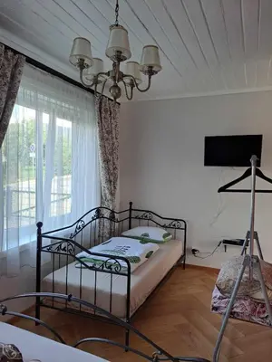 a bedroom with a bed and a television in a room at Vasarnamis Zarasuose - Vyšnia in Zarasai