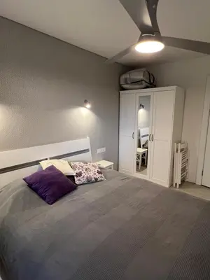 a bedroom with a large bed with a purple pillow at Palūšės Apartment in Palūšė
