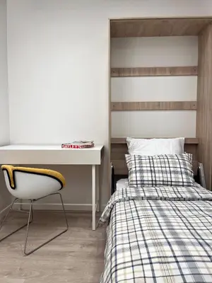 a bedroom with a bed and a desk at NERIS Apartments in Vilnius