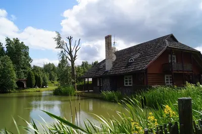 a house sitting in the middle of a river at Meškiai in Meškiai