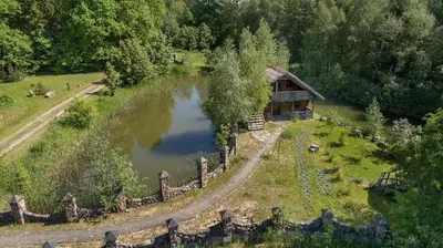 an aerial view of a house next to a lake at Meškiai in Meškiai