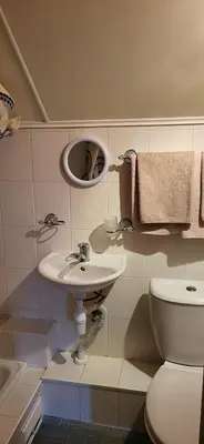 a bathroom with a sink and a toilet and a mirror at Meškiai in Meškiai