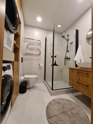 a bathroom with a shower and a toilet and a sink at Samanų apartamentai in Šiauliai