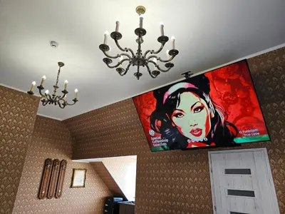a chandelier and a poster on a wall in a room at Square apartments in Rokiškis