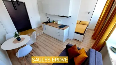 a small apartment with a kitchen and a table at Mano erdvės in Anykščiai