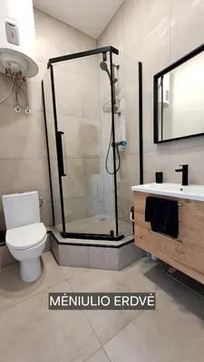 a bathroom with a shower and a toilet and a sink at Mano erdvės in Anykščiai