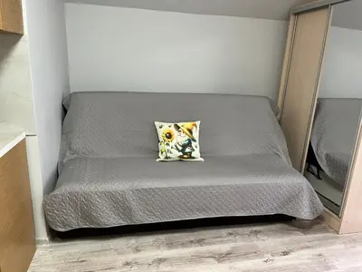 a bed in a small room with a pillow on it at Naisiai-2 in Naisiai