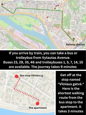 a map of the bus stop within a bus stop vicinity at Spacious Old Town Apt, 3 Rooms, Sleeps 6-7 in Kaunas