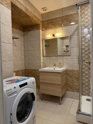a bathroom with a washing machine and a sink at Vilnius Symphony Apartments in Vilnius