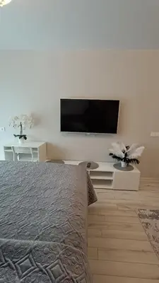 a bedroom with a bed and a flat screen tv at MEŠKUTĖS APARTAMENTAI in Druskininkai