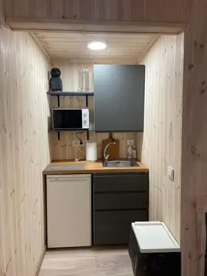 a small kitchen with a sink and a microwave at Atostogų namelis in Kurėnai
