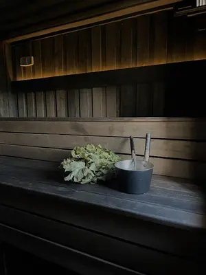 a bowl and a plant on a table in a sauna at HYGGE Sauna&Fishing House in Jagėlonys Kalniniai