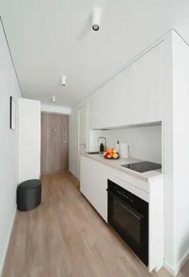 a kitchen with white cabinets and a counter top at Apartment in Žvėrynas in Vilnius