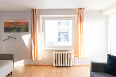 a living room with a radiator and a window at Šeškinės 61 Spacious Cozy Apartment in Vilnius