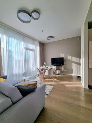 a living room with a couch and a table at ALEGRE apartment in Druskininkai
