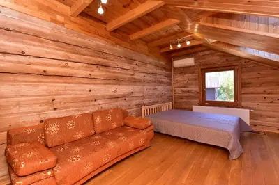 a living room with a couch and a bed at Bebrusų sodyba in Molėtai