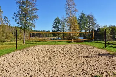 an empty soccer field with a goal at Bebrusų sodyba in Molėtai
