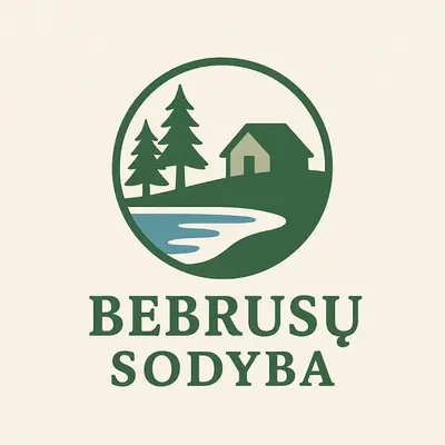 a logotype of a cabin in a circle with a lake and trees at Bebrusų sodyba in Molėtai