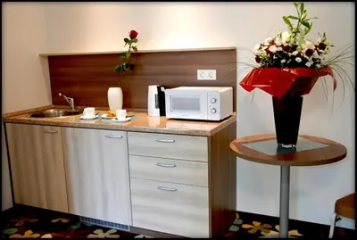 a small kitchen with a sink and a microwave at Algiro Hotel in Kaunas