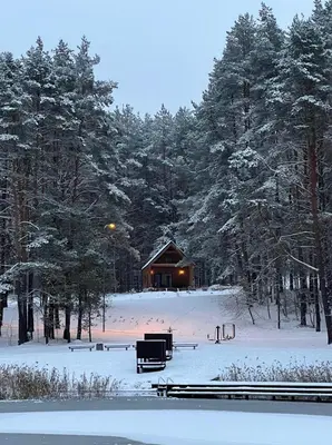 a cabin in the woods with snow on the ground at Namelis Strazdas in Molėtai